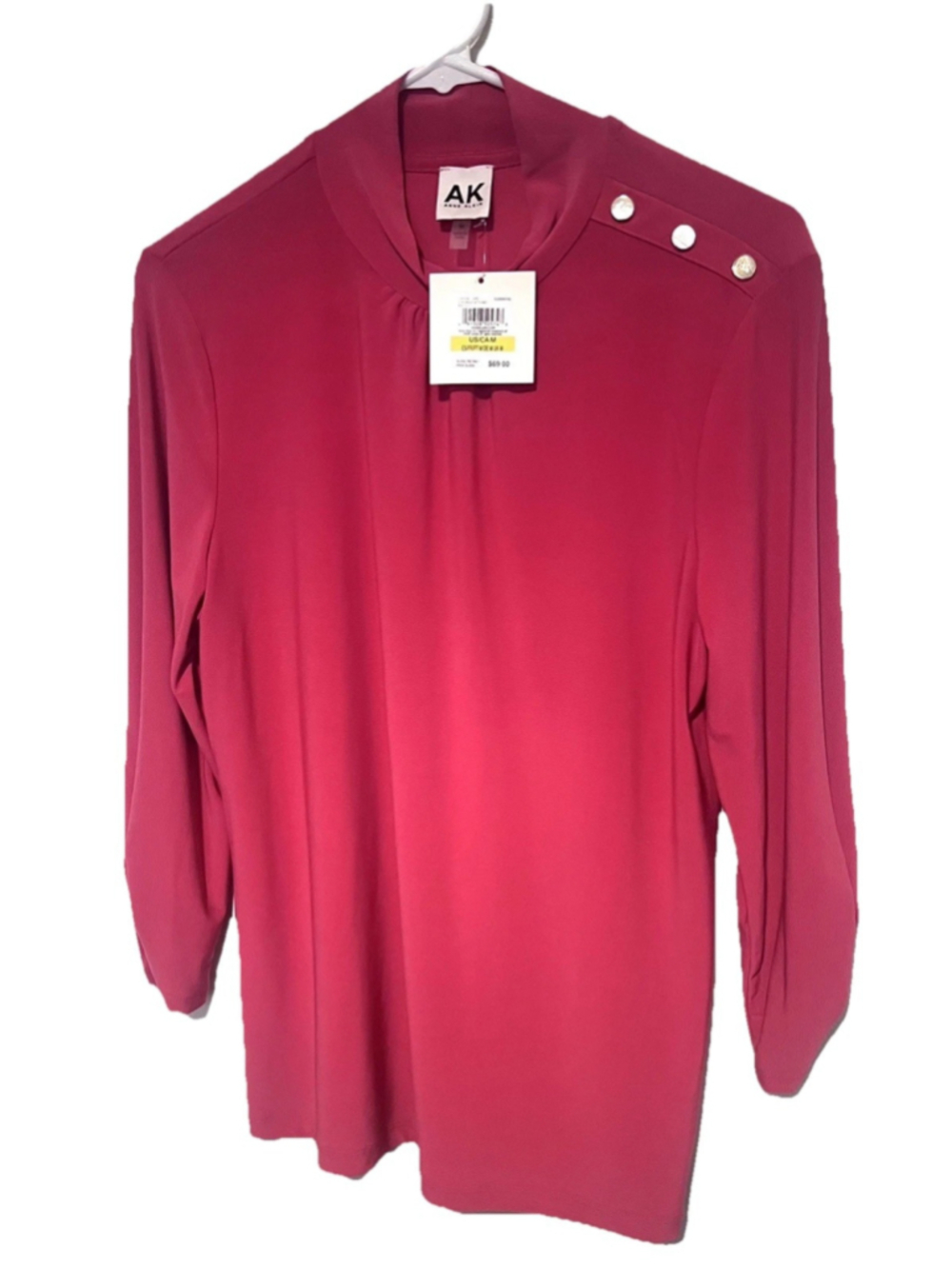 NWT Anne Klein Blouse Women’s Medium Viva Magenta Red Pink 3/4 Sleeve Ruched NEW